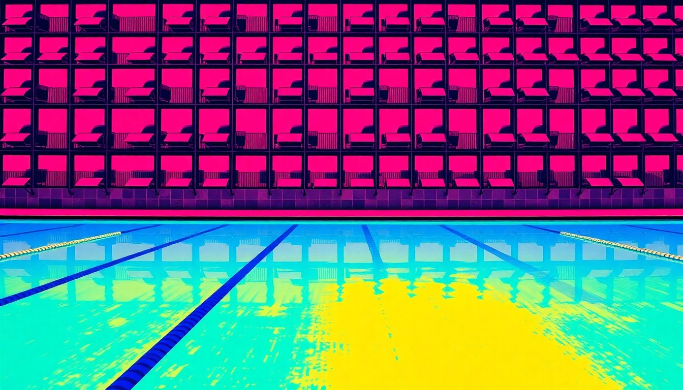 A bold, graphic illustration featuring a repeated pattern of a swimming pool in a grid, rendered in a high-contrast, silkscreen style with bright, unnatural colors and heavy black outlines, capturing the essence of a modern, stylized pool installation.