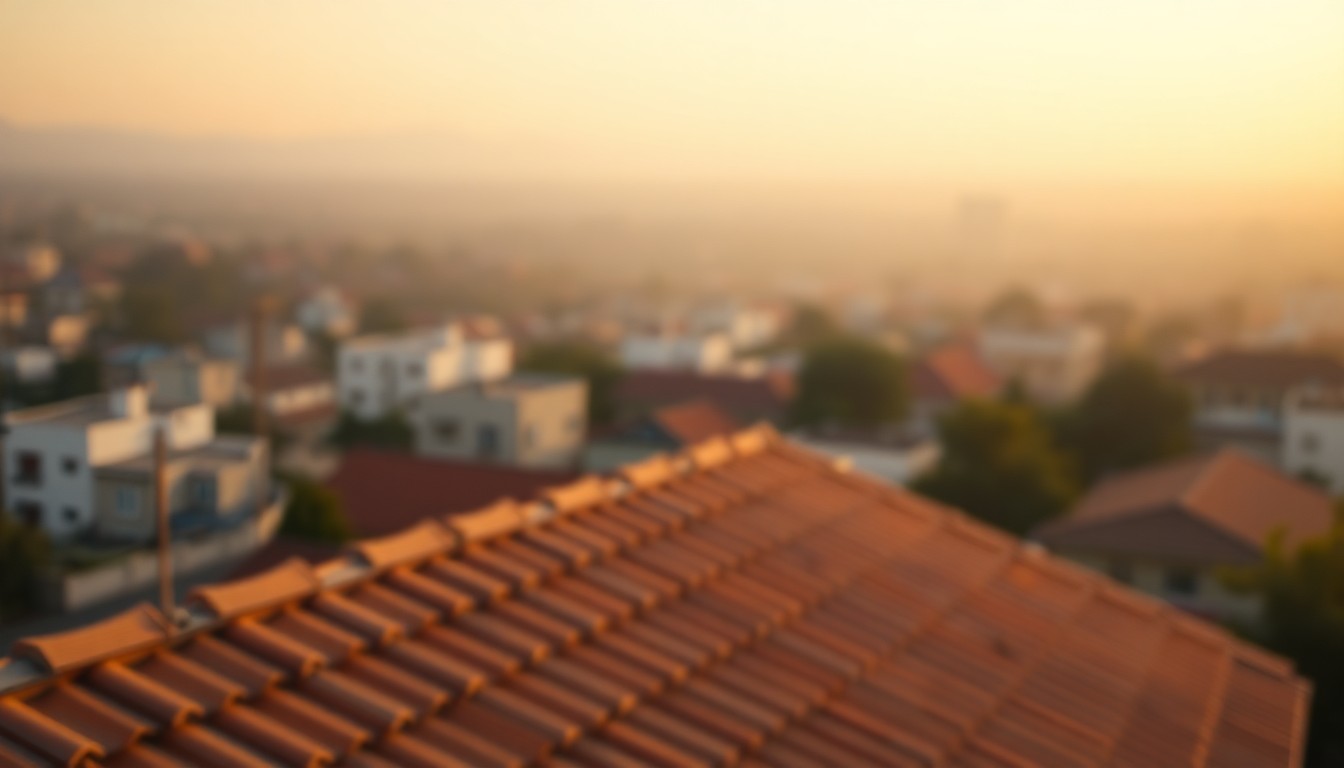 An abstract, impressionistic photograph of a residential rooftop in soft, warm light, with the surrounding landscape blurred into a hazy, dreamlike scene, conceptually representing the importance of proactive home maintenance.