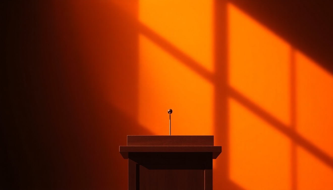 A cinematic painting of an empty podium or lectern in a dimly lit room, with warm, diagonal sunlight casting deep shadows, conceptually representing the political debate over birthright citizenship.