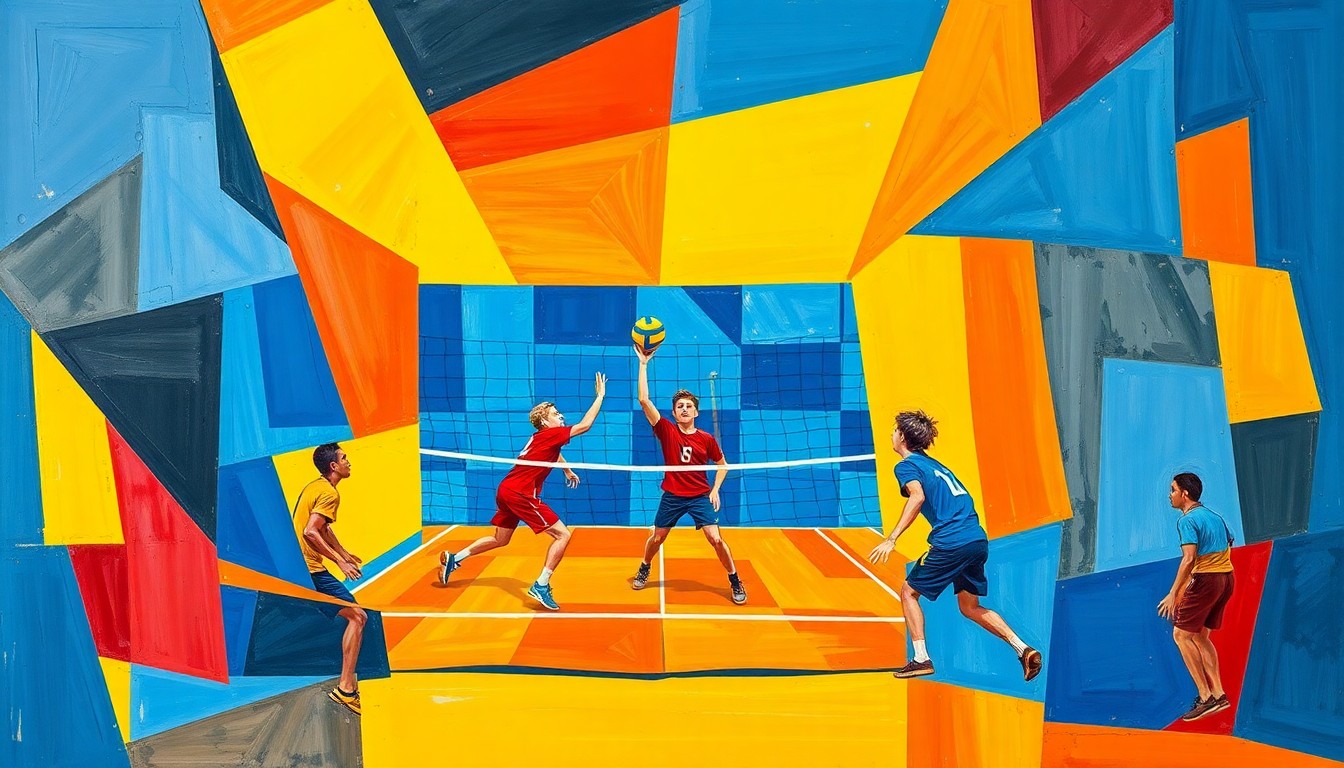 A cubist, geometric painting depicting a boys volleyball game, with sharp overlapping planes of blue, red, and yellow representing the dynamic action on the court.