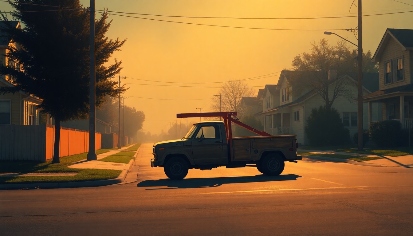 A realistic oil painting depicting an old pickup truck parked on a quiet suburban street, with warm sunlight casting long shadows across the scene, conveying a sense of solitude and melancholy.