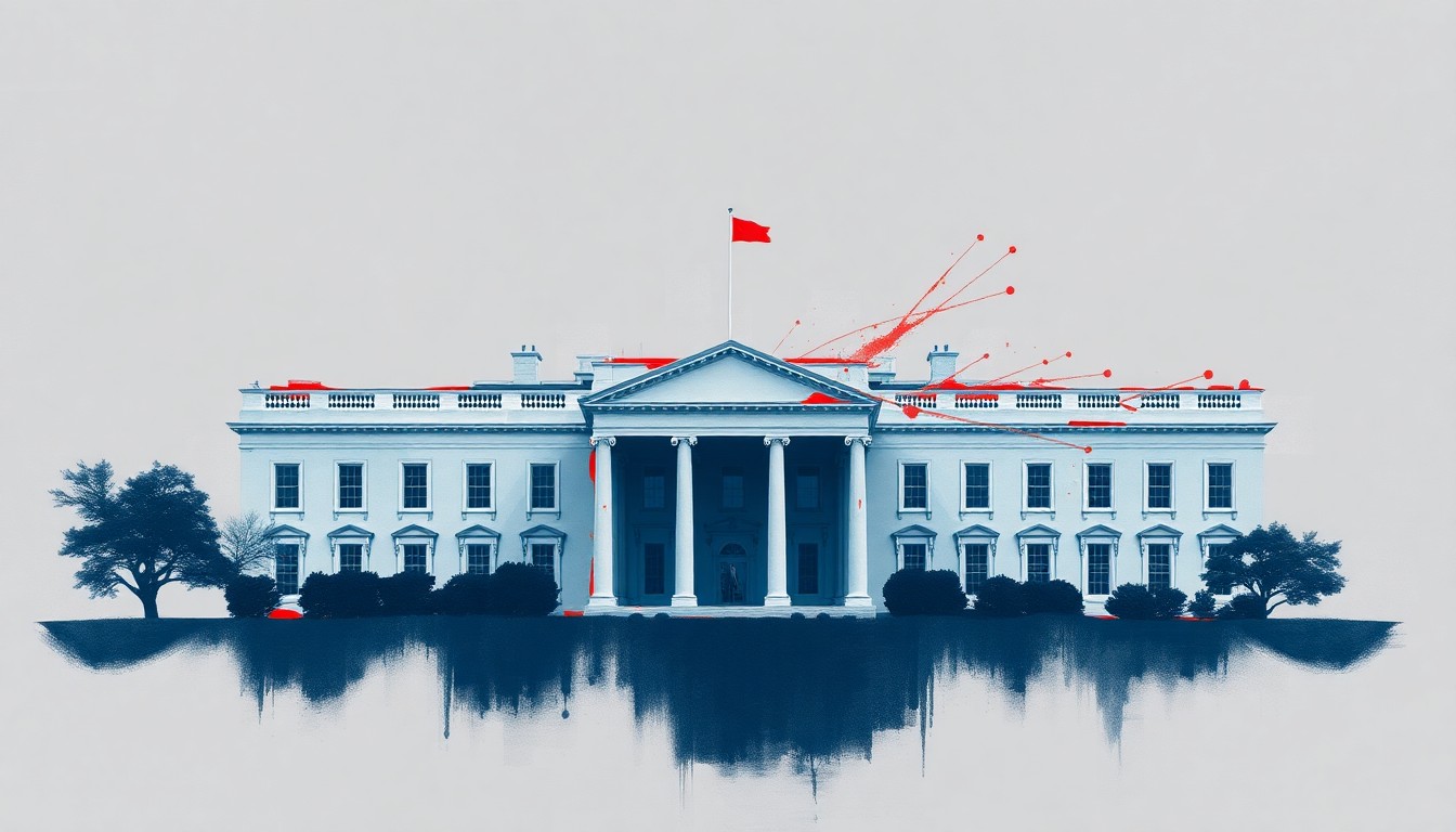 A fractured, abstract painting in shades of grey, blue, and red depicting the silhouette of the White House in a state of motion, symbolizing the constant changes and renovations to the presidential residence.