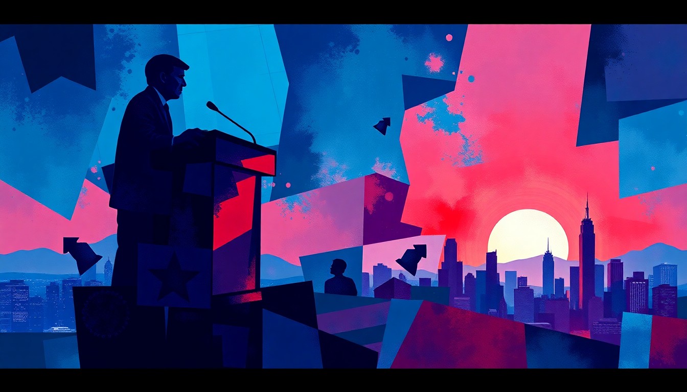 A dynamic, fractured painting in shades of blue, purple, and red depicting abstract shapes representing a podium, ballot box, and city skyline, conveying the high-stakes and competitive nature of the Los Angeles mayoral election.