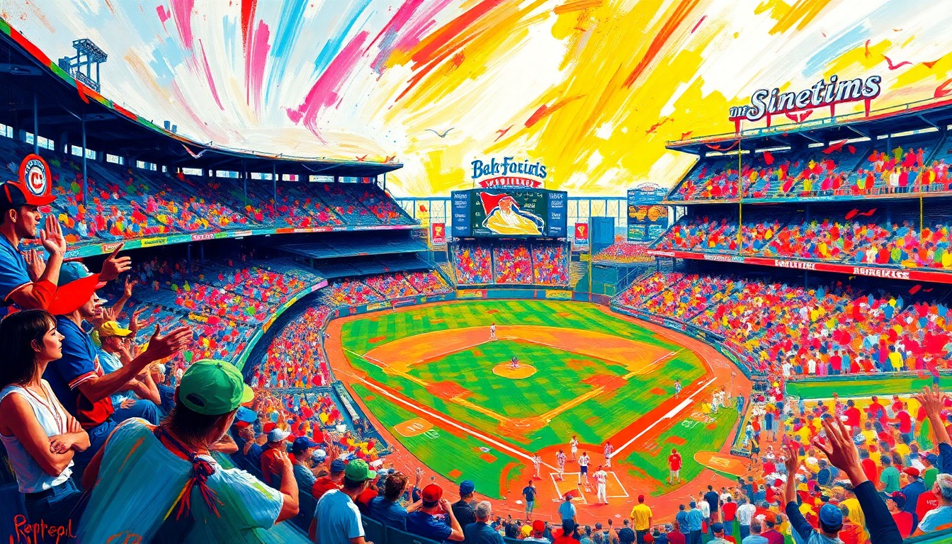 An abstract, energetic painting with vibrant neon brushstrokes in shades of blue, red, and yellow, capturing the excitement and movement of a packed baseball stadium on opening day.
