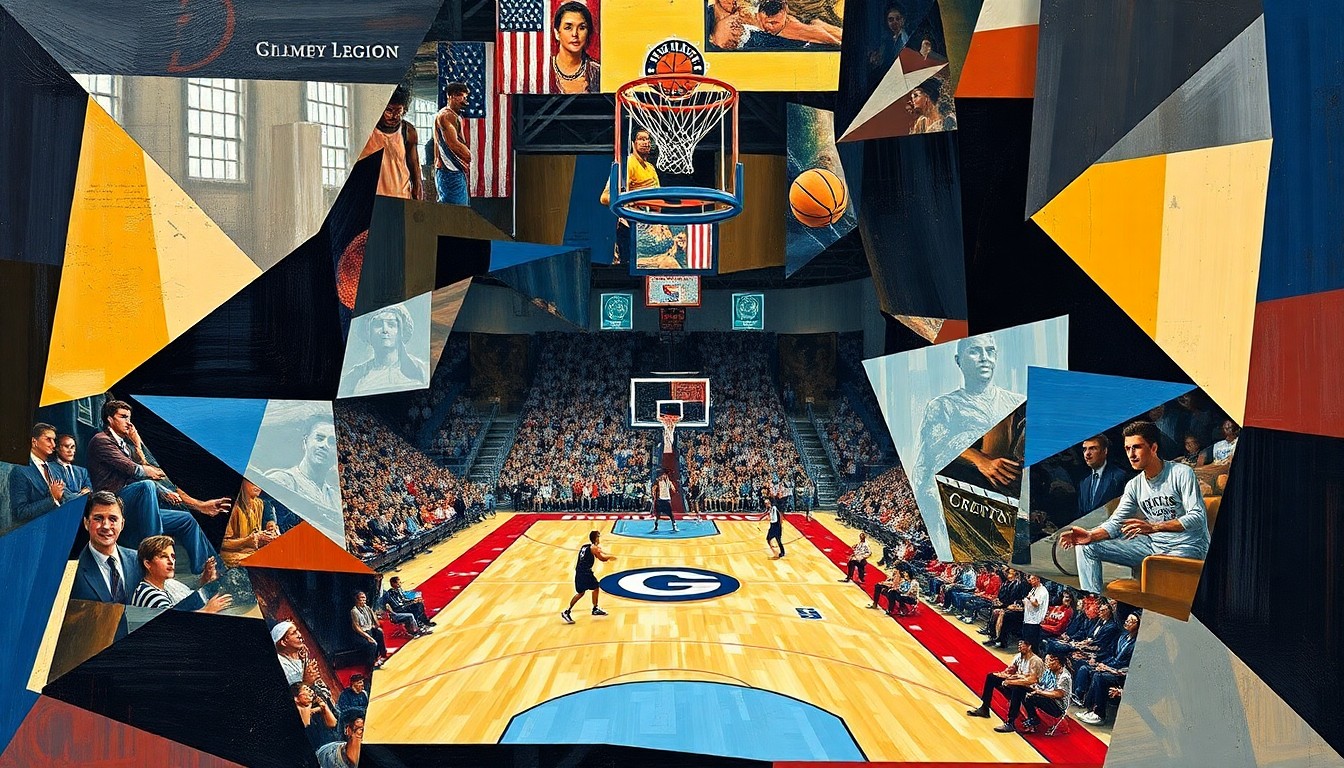 A cubist, geometric painting depicting a college basketball game, with players and the court broken down into sharp, overlapping planes of color and shape, reflecting the instability and flux in the sport.
