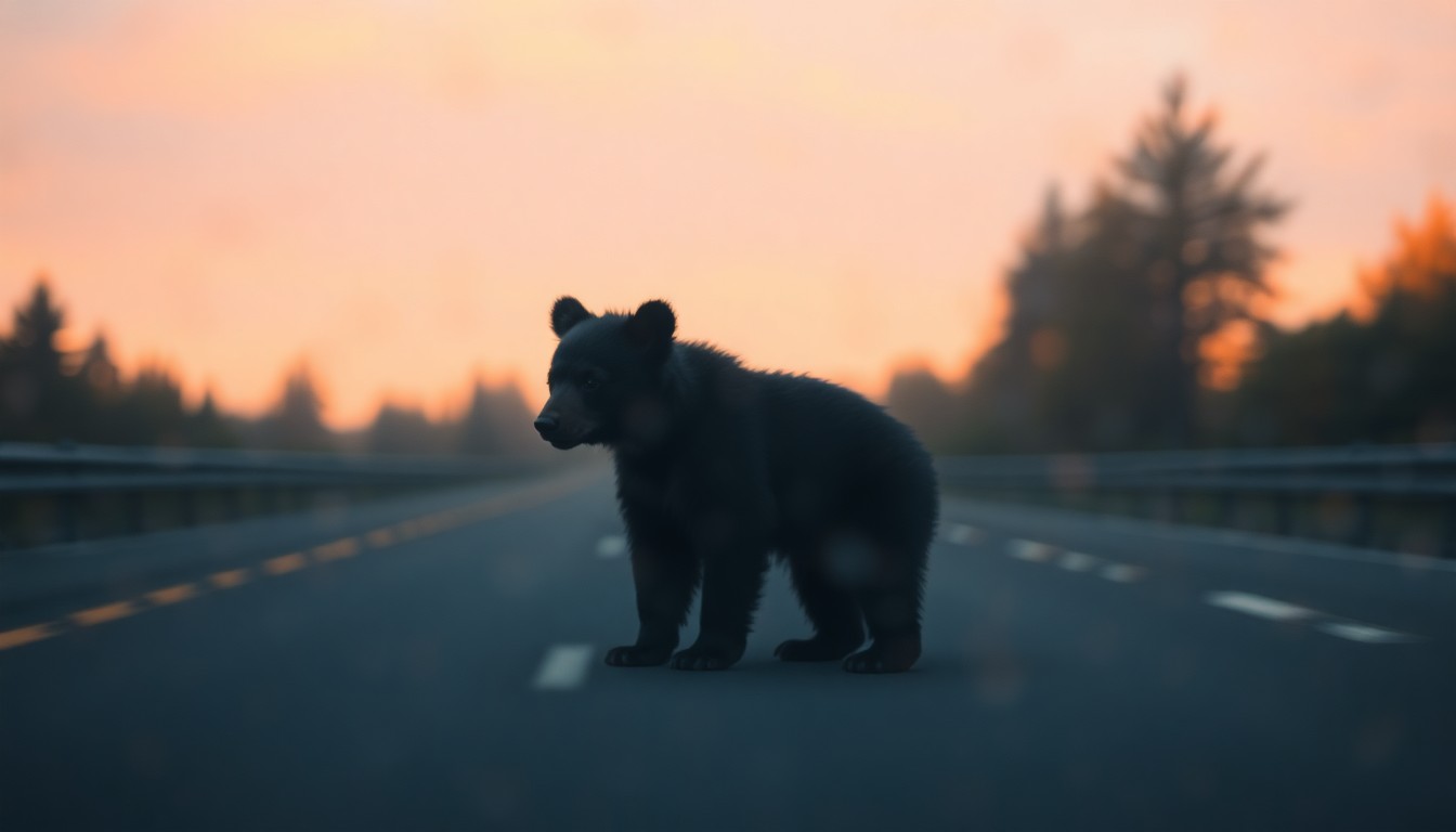 An abstract, impressionistic photograph showing the faint outline of a bear cub against a blurred background of highway infrastructure, conveying the precarious situation and the troopers' intervention to save the animal.