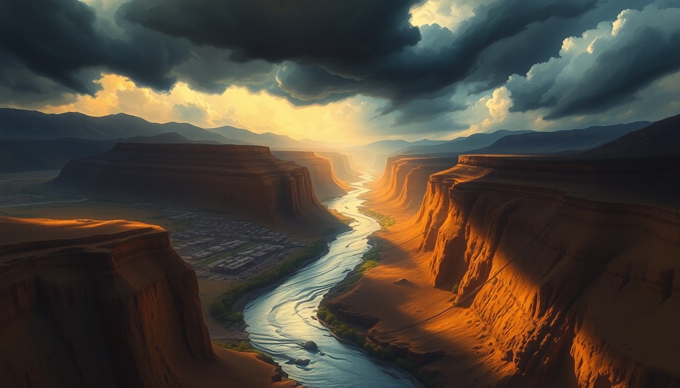 A sweeping, atmospheric landscape painting in muted earth tones, with dramatic clouds and heavy rain obscuring the physical details of an urban environment, conveying the overwhelming power of Albuquerque's flood channels during severe weather.