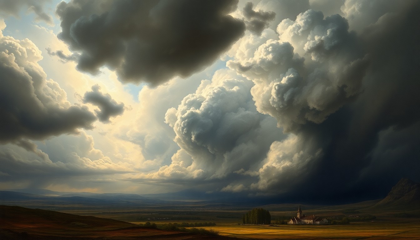 A sweeping, atmospheric landscape painting in muted tones of gray, blue, and gold, depicting a small town nestled in a valley beneath a dramatic, turbulent sky filled with heavy clouds and dramatic lighting, conveying the overwhelming scale and power of the natural world.