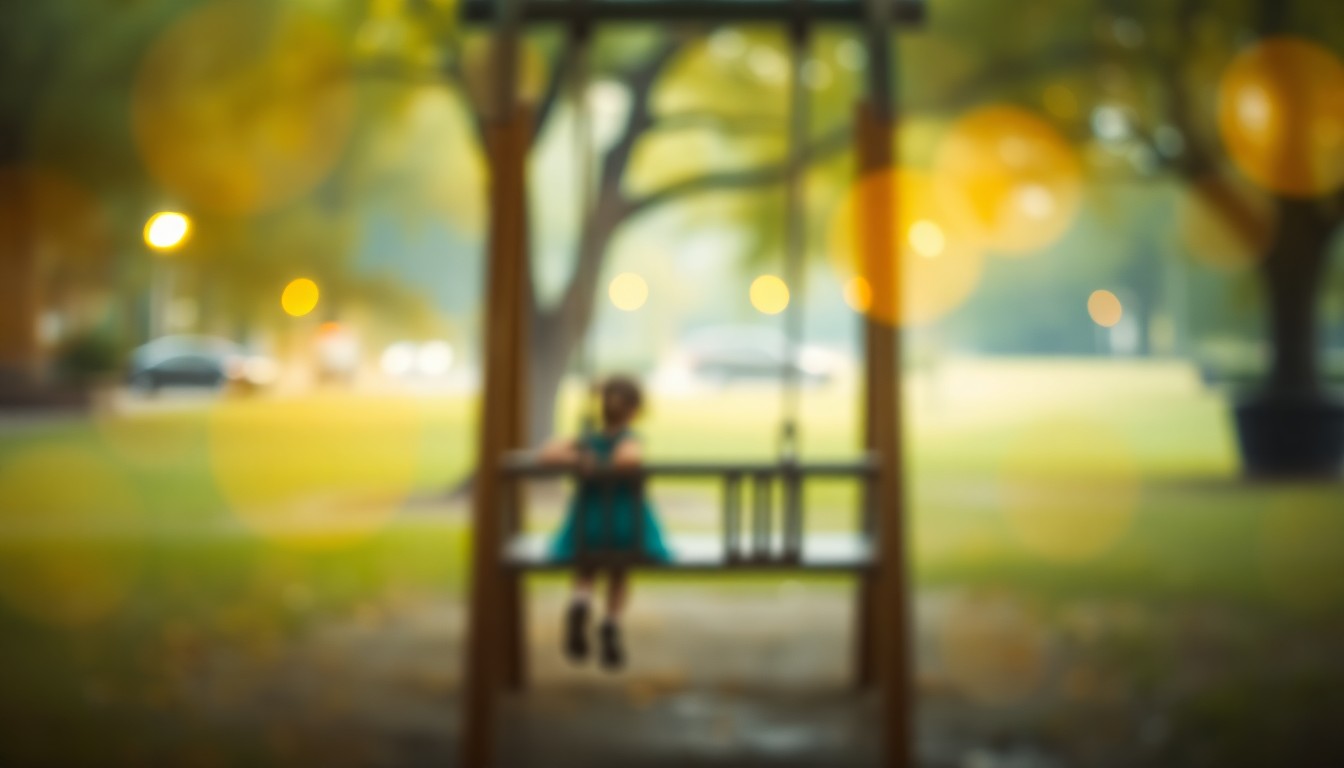 An extremely abstracted, out-of-focus photograph of a blurred park scene with children playing on a swing set, captured through rain-streaked glass in a warm, hazy palette of yellow, orange, and green light, conceptually representing the real-time status updates for Winchester's parks and facilities.