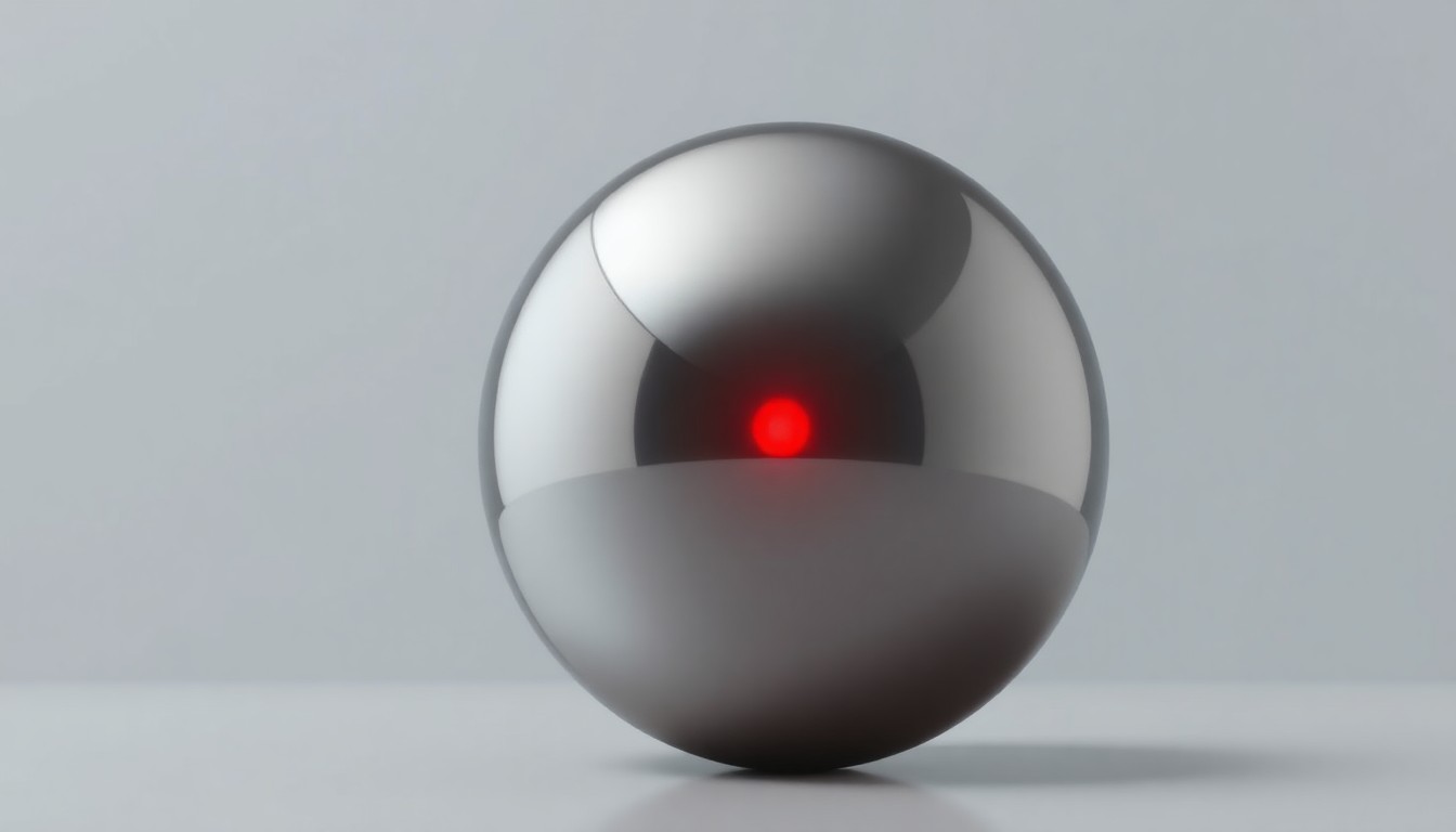 A photorealistic studio still life featuring a single polished metal sphere reflecting a faint red light, symbolizing the abstract concept of corporate risk and scandal.
