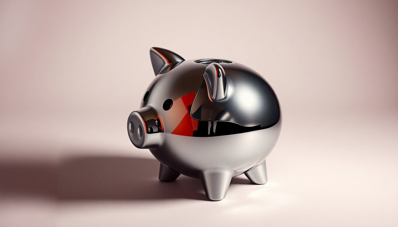 A high-end, photorealistic studio still-life photograph featuring a shattered chrome piggy bank on a clean, monochromatic background, conceptually representing the financial losses of Driven Brands investors.