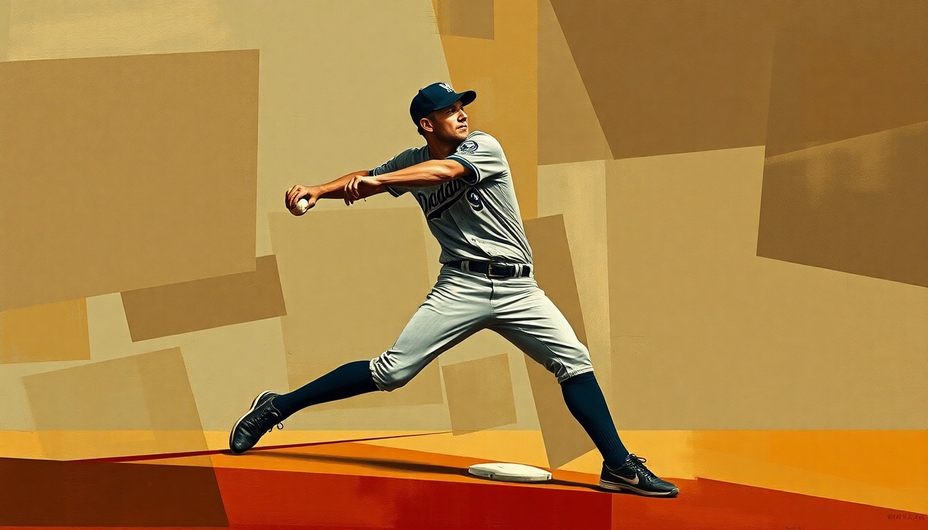 A fragmented, geometric painting depicting a baseball pitcher's motion broken down into sharp, overlapping planes in muted earth tones, conveying the physical and emotional toll of an early exit due to injury.