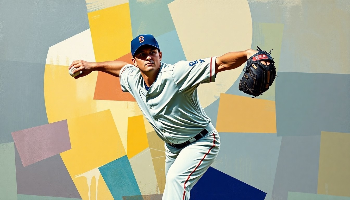 A fractured, geometric painting depicting a baseball pitcher's throwing motion broken down into sharp, overlapping planes of color and shape, conveying the physical demands and potential for injury in the sport.