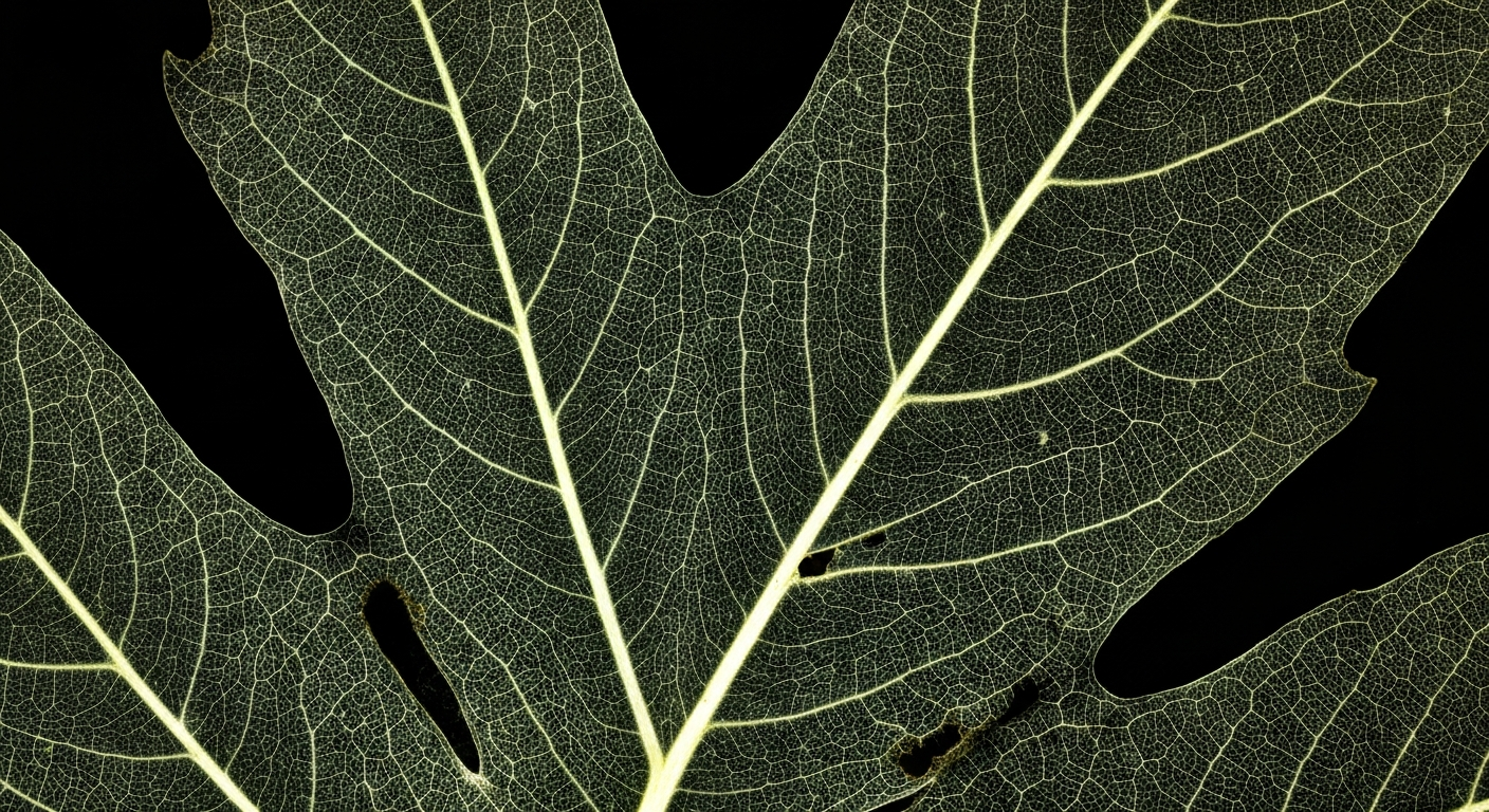 An extreme close-up X-ray photograph revealing the intricate internal structure of an oak leaf, with delicate veins and cellular details glowing against a dark background, conceptually illustrating the biological drivers behind a severe allergy outbreak.
