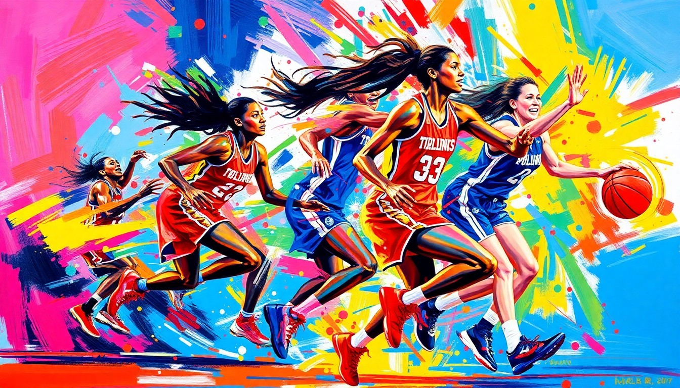 An abstract, expressionist painting in neon colors featuring fragmented, dissolving figures of basketball players in motion, capturing the raw energy and emotion of the women's NCAA tournament.