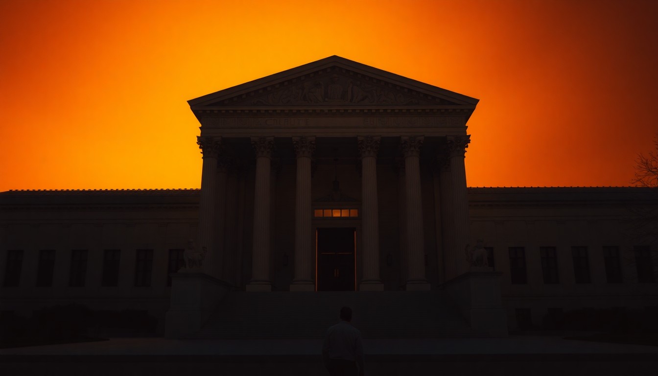 A photorealistic painting of the exterior of the Supreme Court building in Washington, D.C., bathed in warm, golden sunlight with deep shadows, and a lone figure entering the doorway, conveying a sense of solemnity and gravitas.