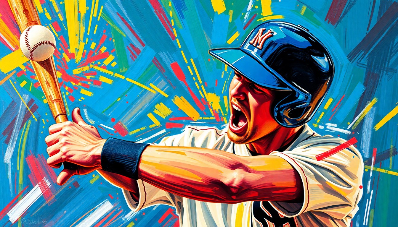 An abstract, expressionist painting featuring vibrant brushstrokes of neon colors, capturing the raw emotion and energy of a baseball player reacting to a foul ball hitting his hand.