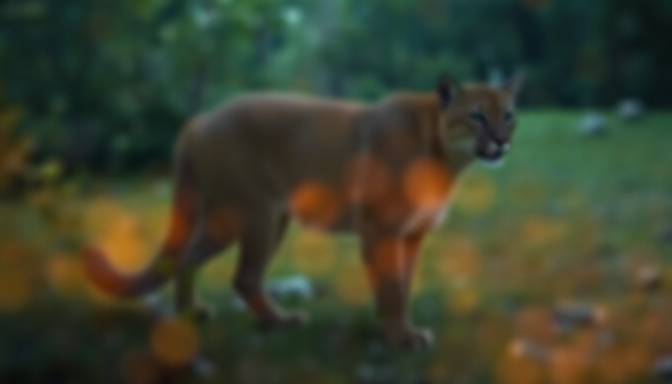 An extremely blurred, impressionistic photograph showing the faint outline of a mountain lion in a lush, green forest setting, with soft, warm pools of light and color creating a dreamlike, atmospheric mood.