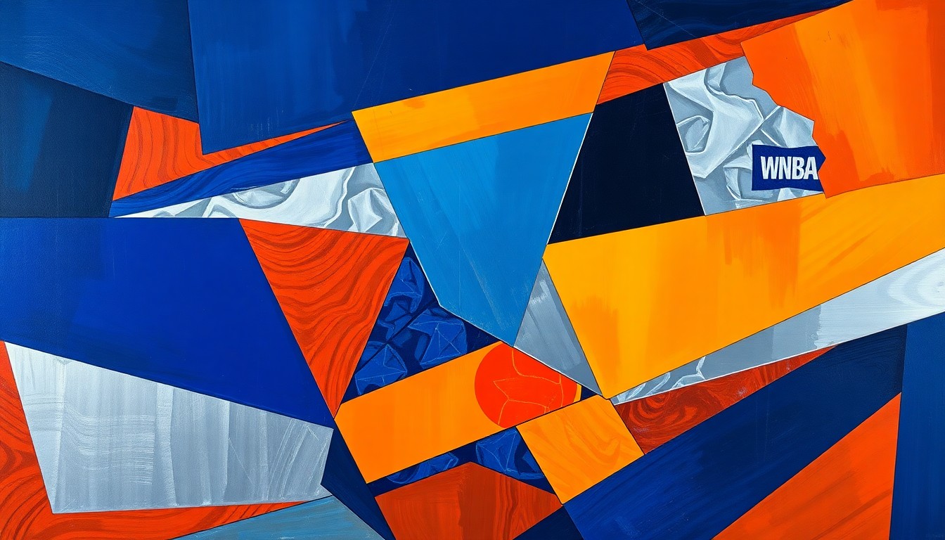 A cubist, geometric painting depicting a fragmented WNBA basketball game, with sharp planes of navy, orange, and silver representing the strategic building of new expansion teams.