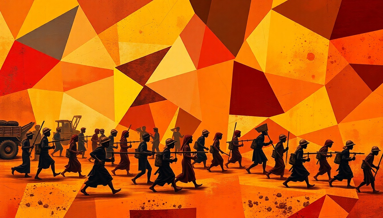 A heavily textured, fractured painting in warm earth tones depicting the chaotic motion of a gold mining operation, conceptually representing the human cost of mineral extraction in conflict zones.