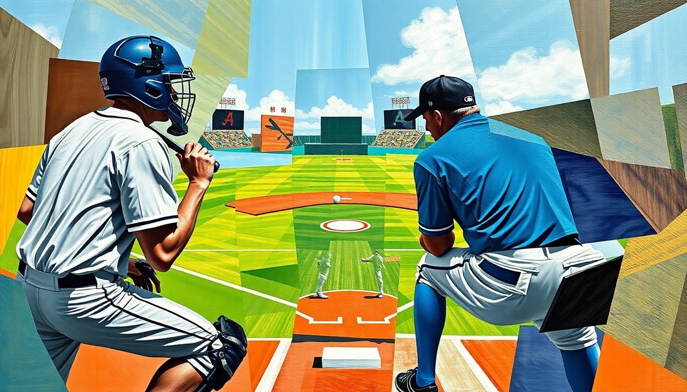 A cubist-style painting depicting a baseball game, with the catcher, umpire, and batter rendered as fragmented geometric shapes, and the ball and strike zone represented as abstract forms, capturing the blend of technology and tradition in the new ABS Challenge System.