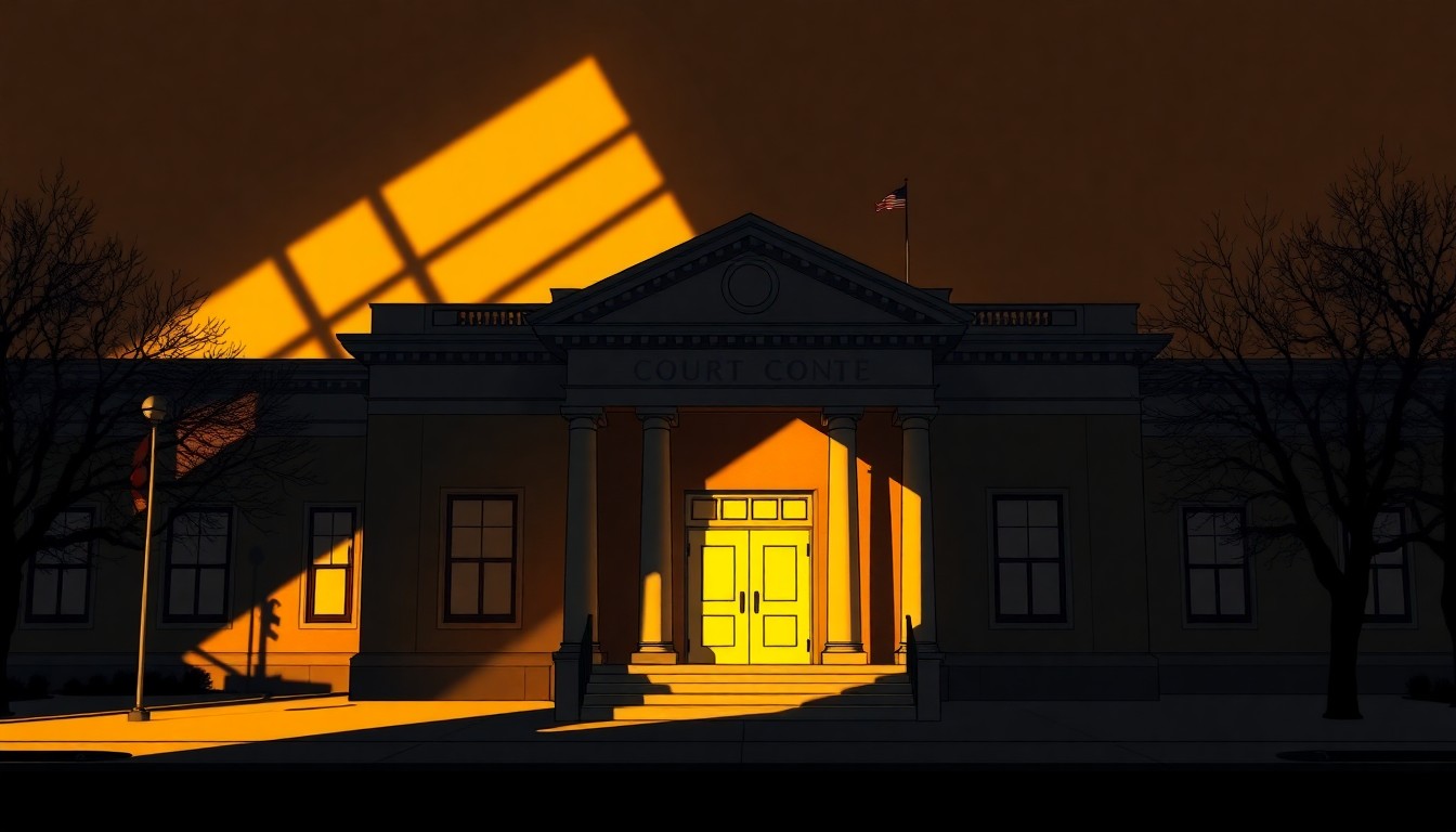 A cinematic painting of a government building in warm, golden light and deep shadows, conveying a sense of quiet contemplation and the gravity of the commission's work.