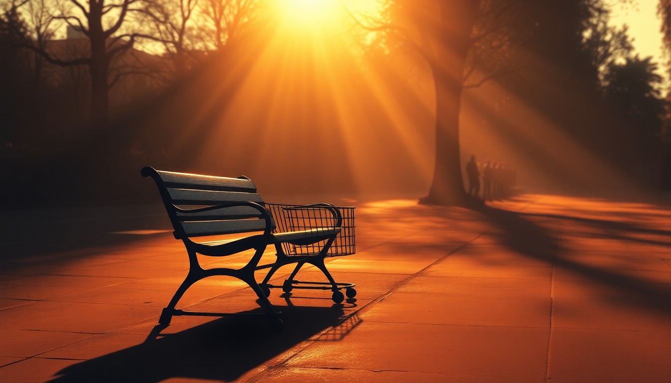 A serene, cinematic painting of a solitary park bench in an urban setting, bathed in warm sunlight and deep shadows, conveying the loneliness and isolation of homelessness.