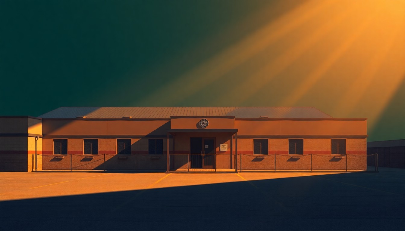 A photorealistic painting of a single-story, nondescript government building with barred windows, set against a backdrop of warm, angled sunlight and deep shadows, conveying a sense of isolation and melancholy.