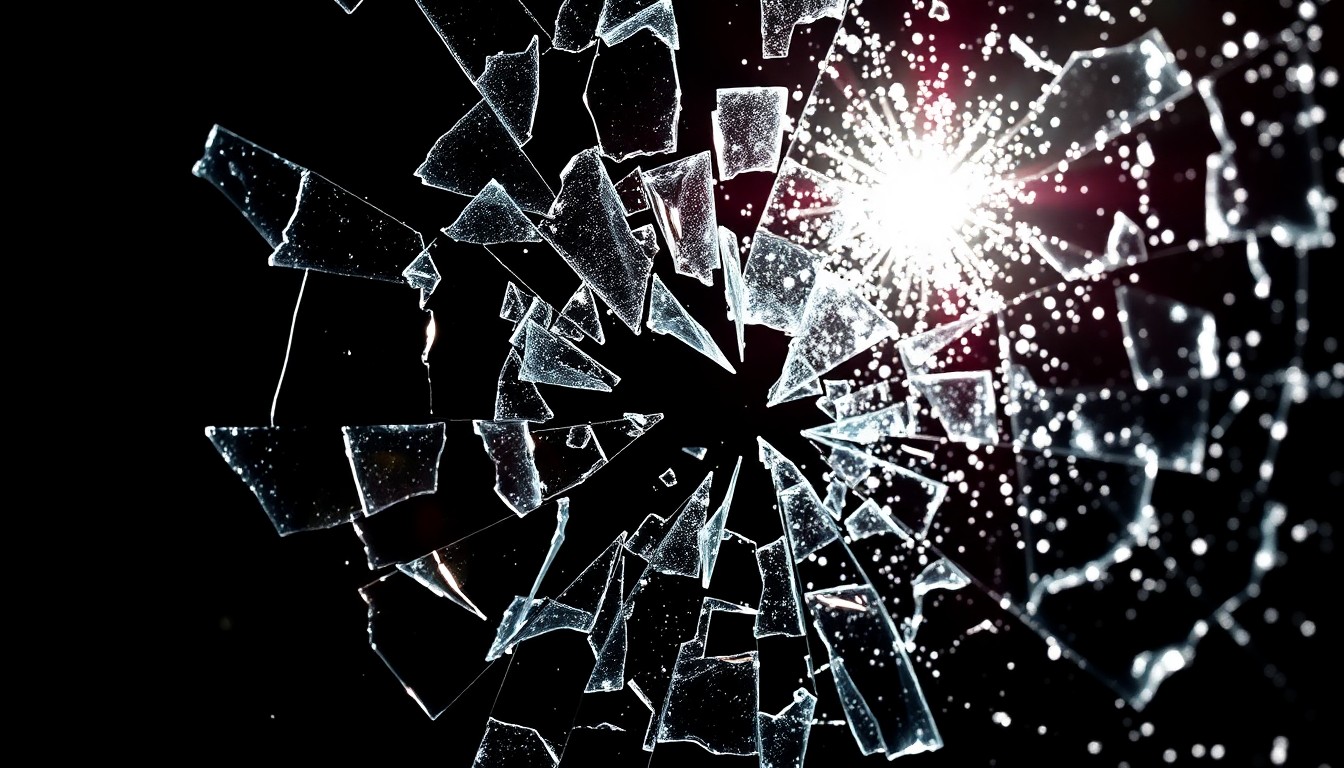 An extreme close-up of shattered glass reflecting dramatic shadows and highlights, conveying a sense of fragmentation and turmoil.