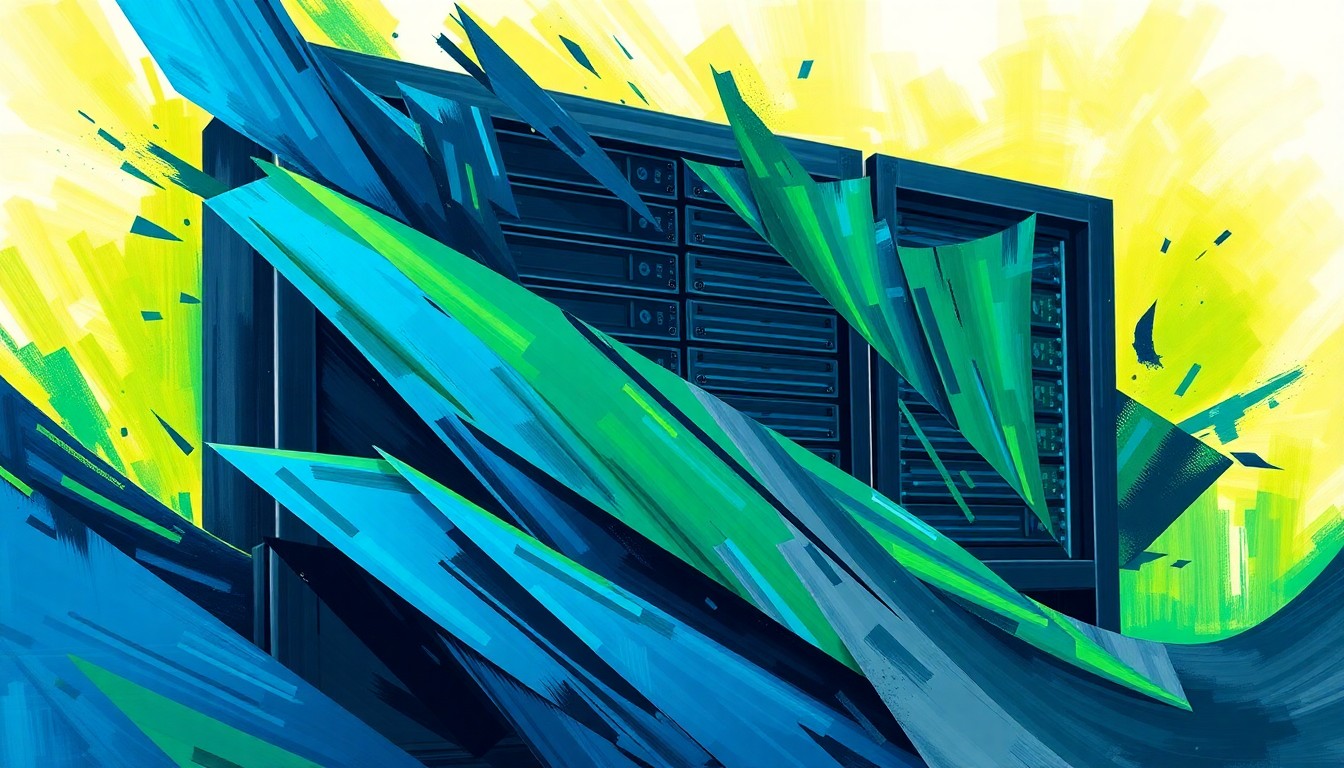 A vibrant, abstract painting depicting a data server rack in fragmented, overlapping geometric shapes and colors, conveying the disruptive impact of the data center industry on local communities.