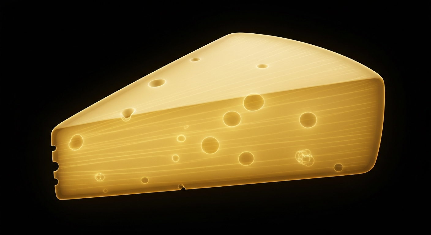 A translucent, ghostly X-ray image showing the internal structure of a wedge of raw cheddar cheese, with its glowing lines and shapes against a dark background conceptually representing the hidden dangers of unpasteurized dairy products.