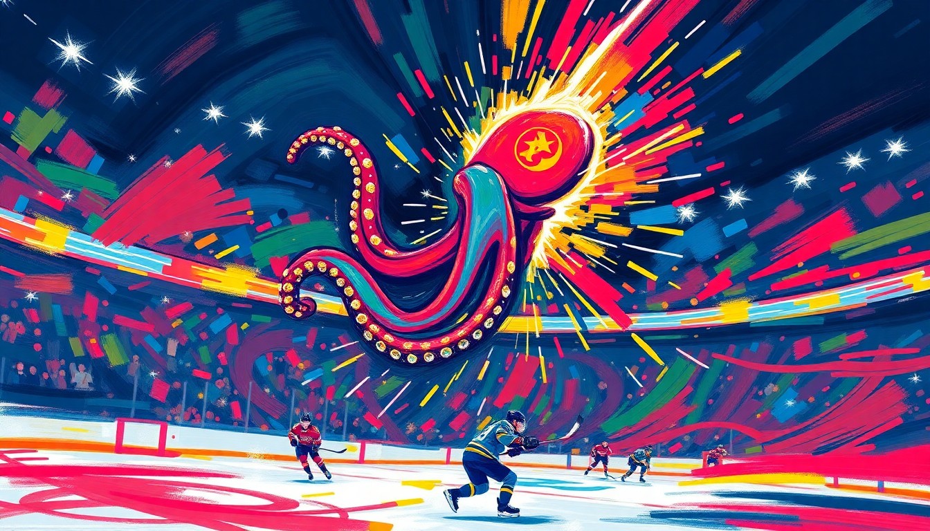 An abstract, expressionist painting featuring bold, neon-colored brushstrokes that capture the dynamic energy of a hockey game, with a central focus on a stylized octopus tentacle representing the Seattle Kraken's logo.
