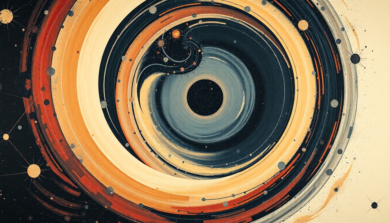 A highly structured abstract painting in soft, flat colors featuring sweeping geometric arcs, concentric circles, and precise spirals, conceptually representing the complex structure and forces of the Roman Space Telescope and its mission to study distant galaxies and dark energy.