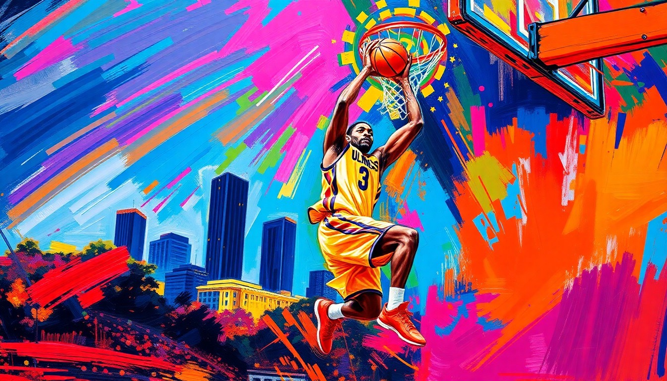An abstract, energetic painting featuring bold, neon-colored brushstrokes capturing the movement of a basketball player, with the faint outline of the Indianapolis skyline in the background, conveying the vibrant sports and community atmosphere of the city.