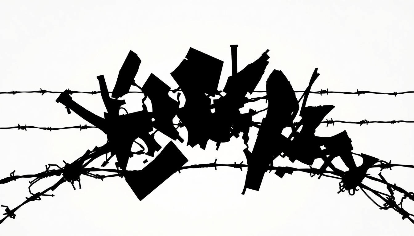 A bold, graphic black-and-white silhouette composition of jagged metal fragments and barbed wire, conceptually representing the themes of violence, oppression, and resistance explored in Melvin Edwards' acclaimed 'Lynch Fragments' series.