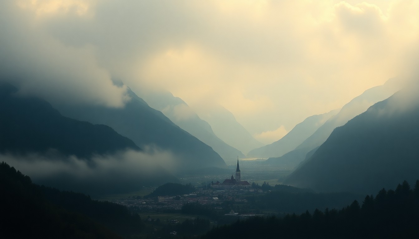 A sweeping, atmospheric landscape painting depicting a small town or village nestled between towering, fog-shrouded mountains, conveying the overwhelming, sublime scale of the natural world and the vulnerability of human settlements in the face of environmental forces.