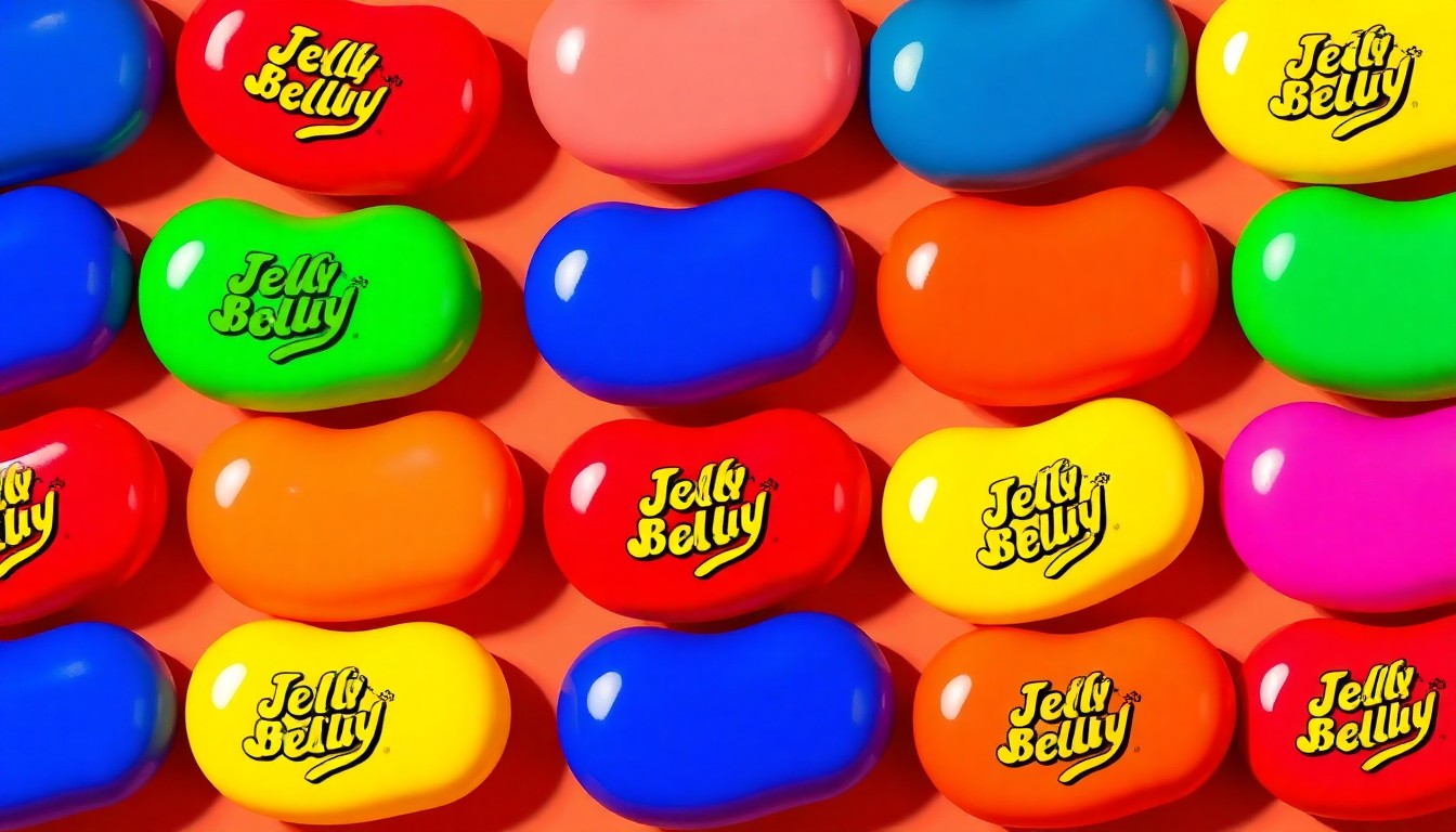 A highly stylized, abstract silkscreen print featuring a single Jelly Belly jelly bean repeated in a tight grid pattern, rendered in a bold, neon color palette with heavy black outlines to create a modern pop art aesthetic.