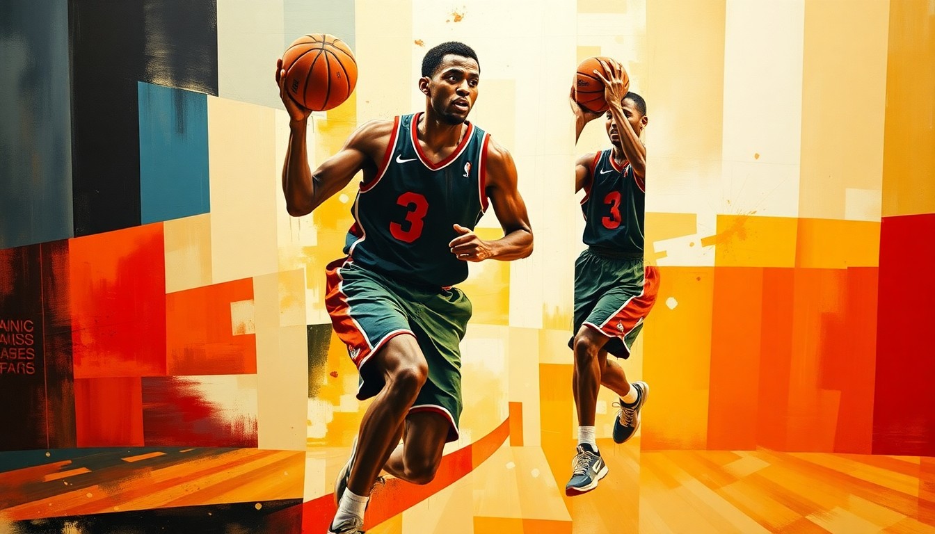 An abstract, cubist-style painting featuring sharp, overlapping geometric shapes and planes in shades of orange, blue, and green, representing the movements and actions of a basketball player in a fragmented, deconstructed manner.