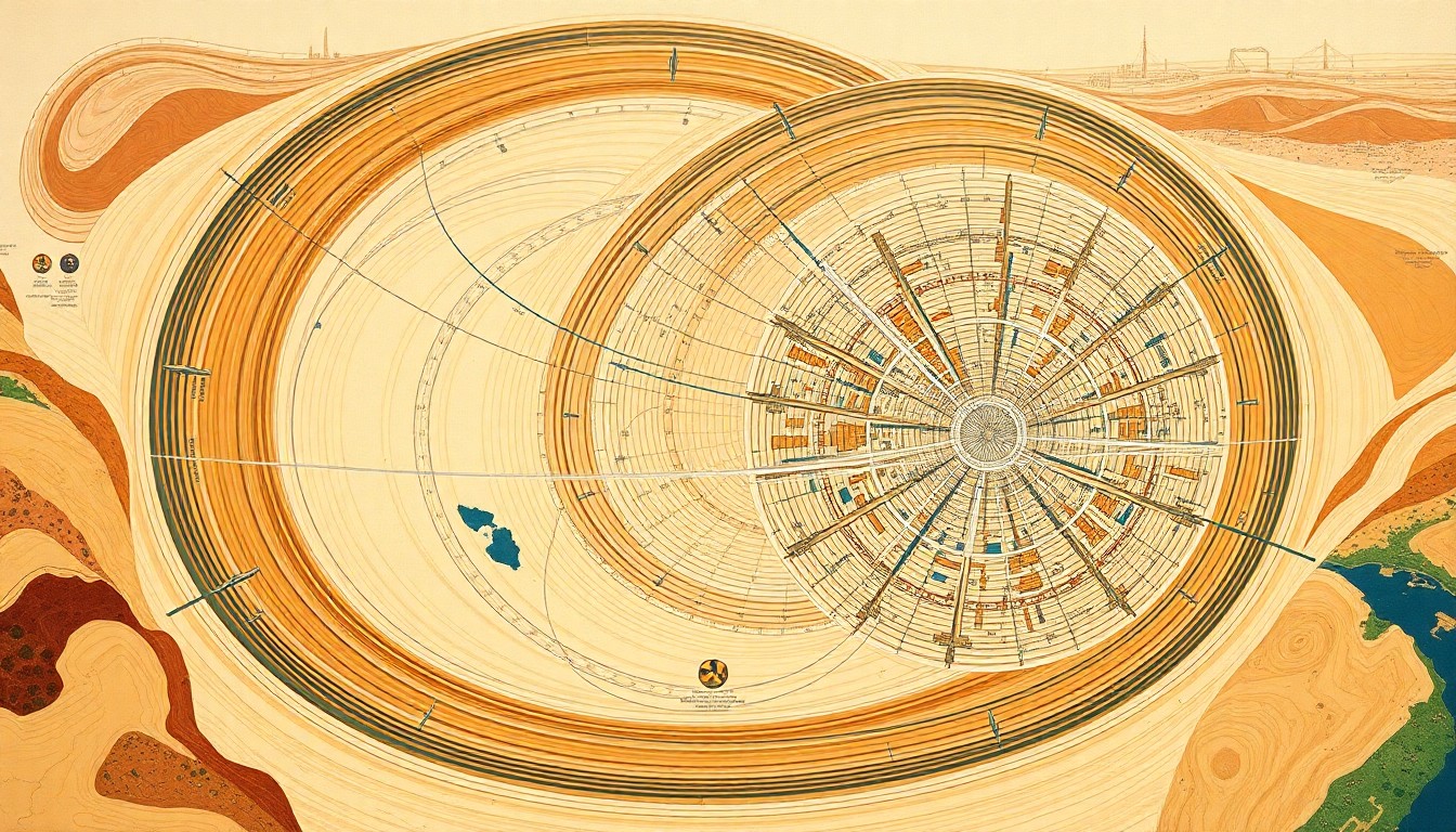 A highly structured abstract painting in earthy tones, featuring sweeping geometric arcs, concentric circles, and precise botanical spirals, conceptually representing the interconnected web of nuclear facilities and infrastructure proposed across Utah.