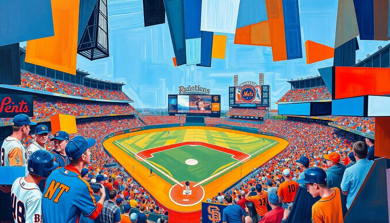 A cubist, geometric painting depicting a baseball game between the New York Mets and San Francisco Giants, with the players and field broken down into overlapping, angular shapes in a vibrant color palette.