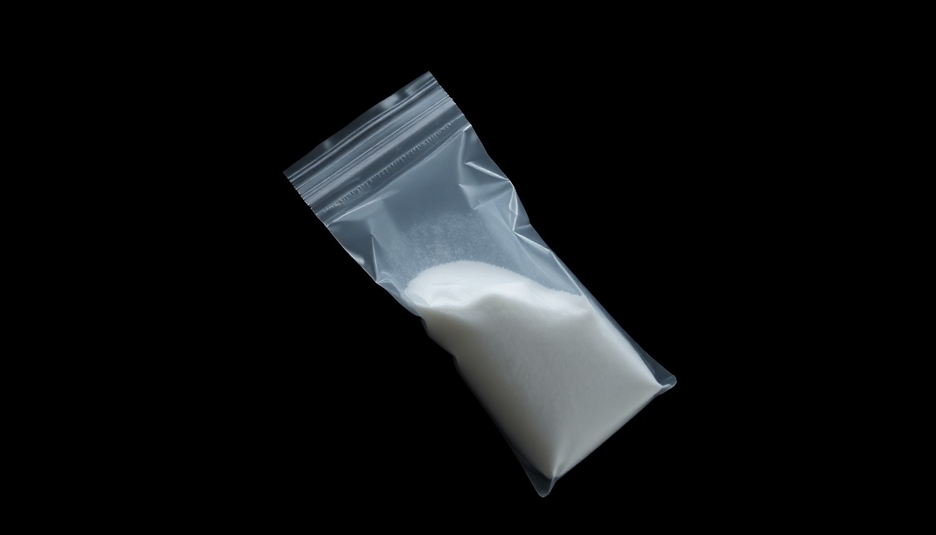 An extreme close-up photograph of a small plastic bag containing a white powdery substance, dramatically lit by a harsh camera flash against a pitch-black background, conceptually representing seized suspected fentanyl and the gritty, investigative nature of this drug trafficking case.
