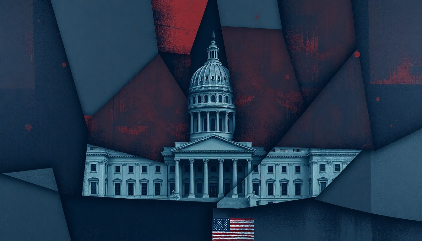 A fragmented, abstract painting in shades of blue, gray, and red, depicting the outline of a government building or legislative chamber in a fractured, geometric style, conveying a sense of political tension.