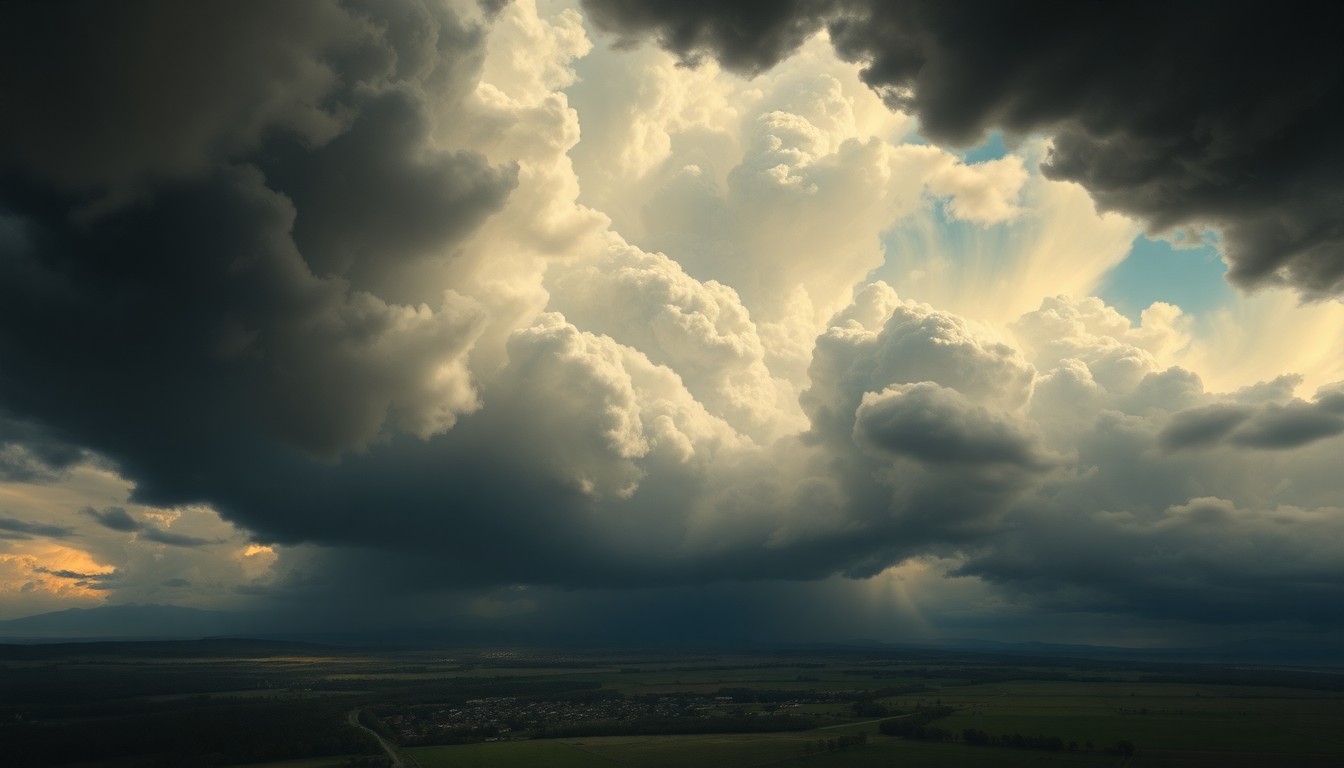 A vast, atmospheric landscape painting depicting an ominous, cloud-filled sky looming over a small town or rural setting, conveying the overwhelming scale and power of an approaching severe weather system.