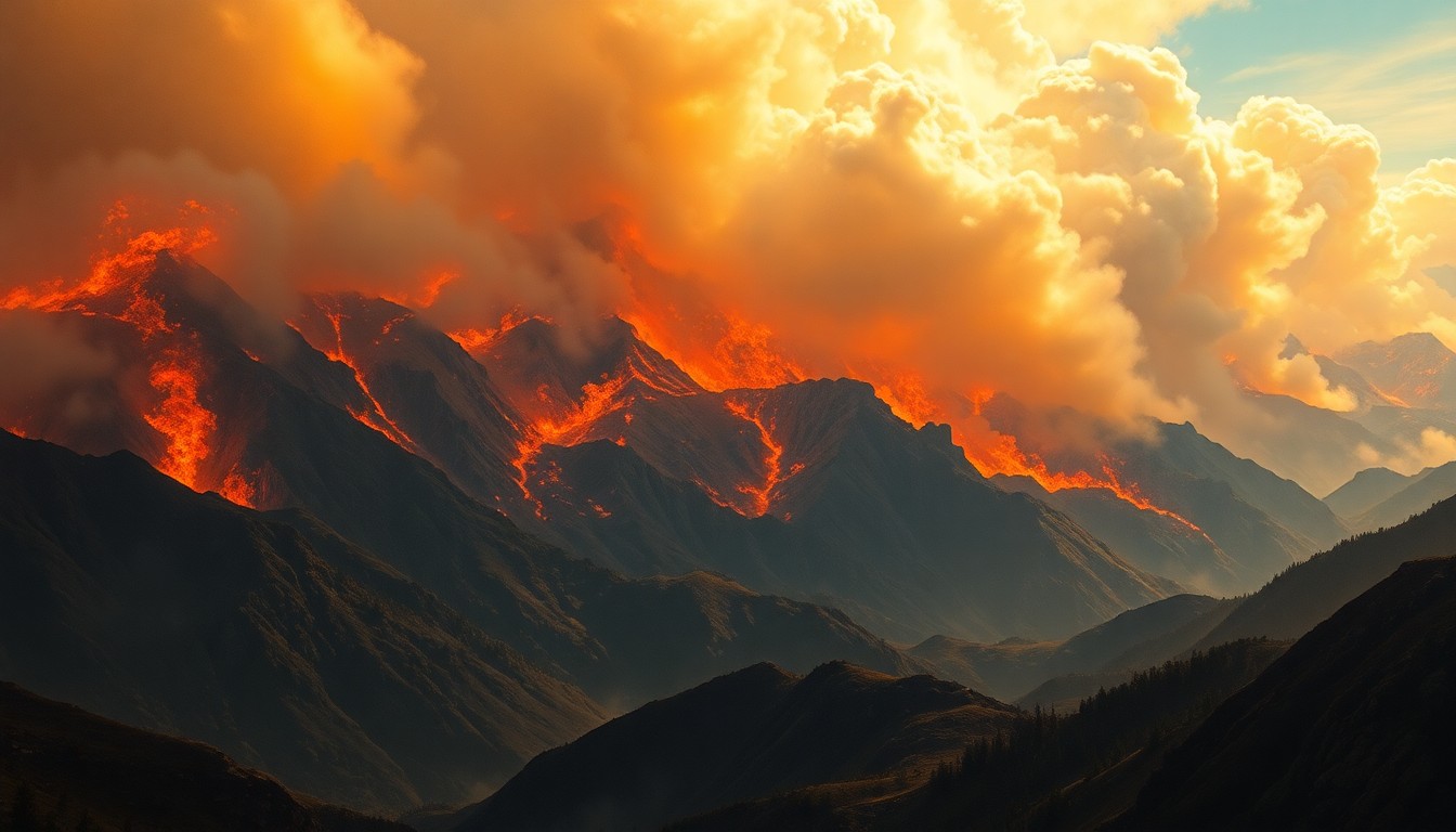 A vast, majestic landscape painting depicting a raging wildfire consuming a rugged, mountainous terrain. The scene uses deep, atmospheric perspective and dramatic backlighting to capture the overwhelming, sublime scale of the natural disaster, with the flames and billowing smoke dwarfing any physical structures or human figures.