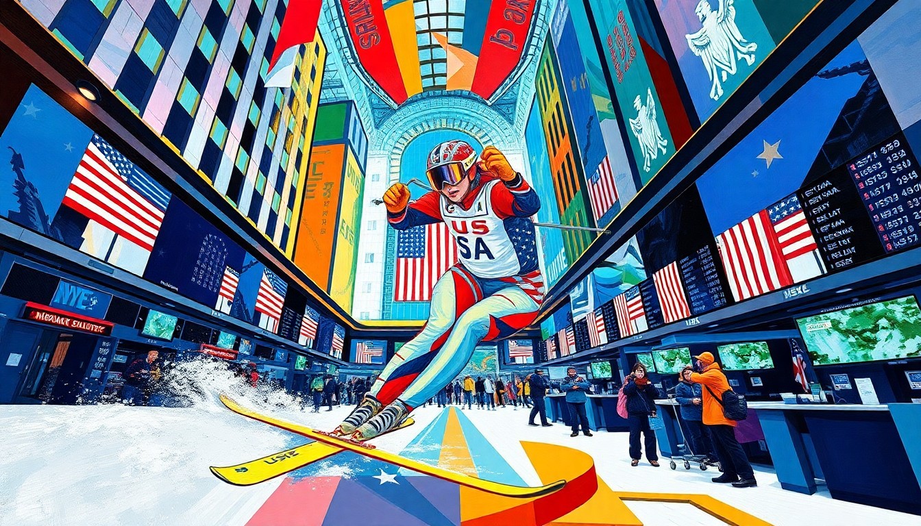 A cubist-style painting depicting Mikaela Shiffrin's skiing motion and her appearance at the New York Stock Exchange, with sharp, overlapping geometric shapes in vibrant colors representing the energy and dynamism of her career.