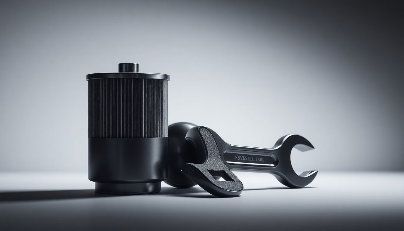A high-end, photorealistic studio still-life photograph featuring a sleek, polished car oil filter and wrench in dramatic lighting, representing the essential auto service industry in an abstract, premium way.