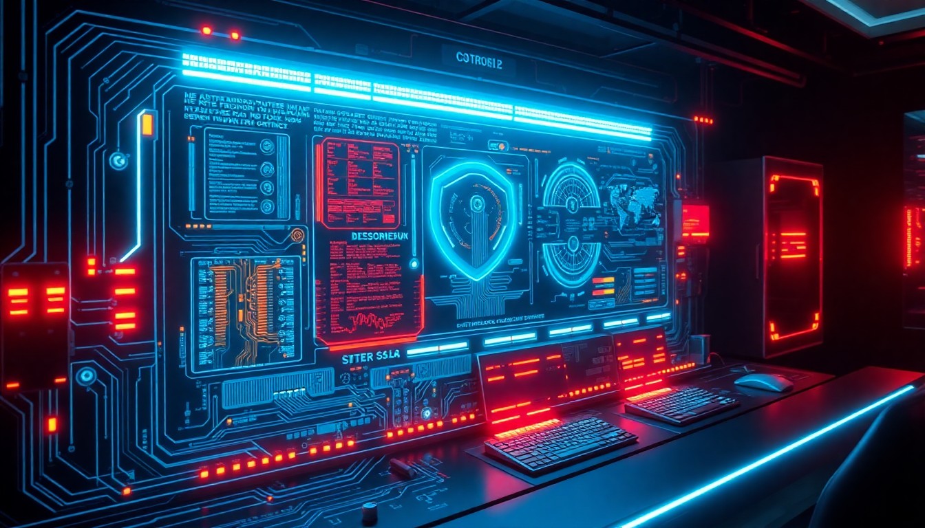 A highly detailed, glowing 3D illustration of a futuristic cybersecurity control panel with pulsing neon lights, intricate circuit boards, and holographic data visualizations, conceptually representing the critical role of advanced technology in protecting businesses from cyber threats.