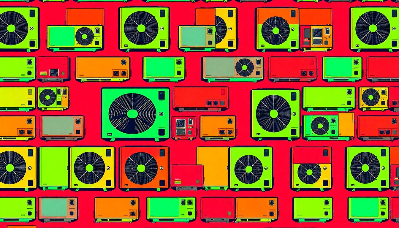 A vibrant, high-contrast silkscreen print featuring a repeated image of an HVAC unit in bold, neon-like colors, conceptually representing the expansion of essential mechanical services to a local community.