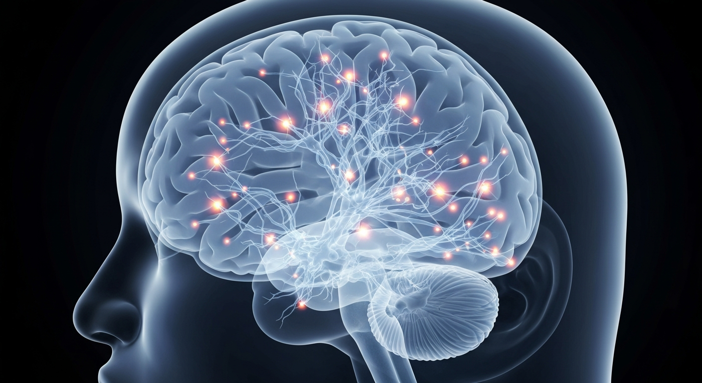 A ghostly, translucent X-ray photograph of a human brain, with glowing neural pathways and synapses, conceptually representing the subconscious processes involved in overcoming fear of flying.
