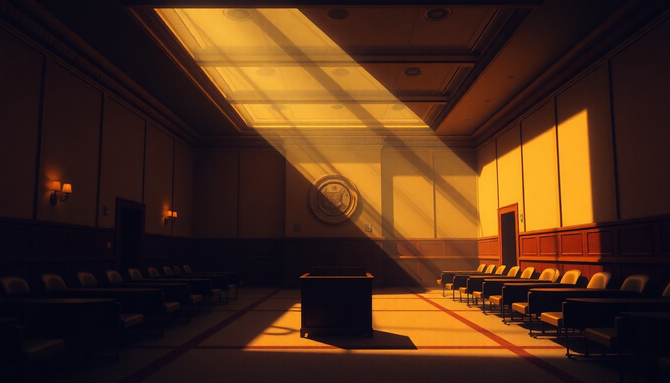 A dimly lit, cinematic painting of an empty government office space with warm sunlight streaming through the windows, conceptually illustrating the disconnect between city leadership and the community.